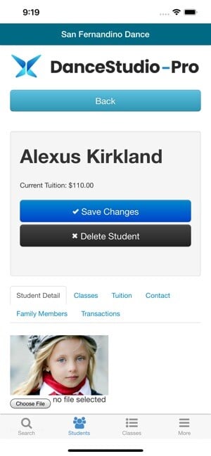Screenshot of DanceStudio-Pro’s dance studio software interface showing a student’s tuition charge.