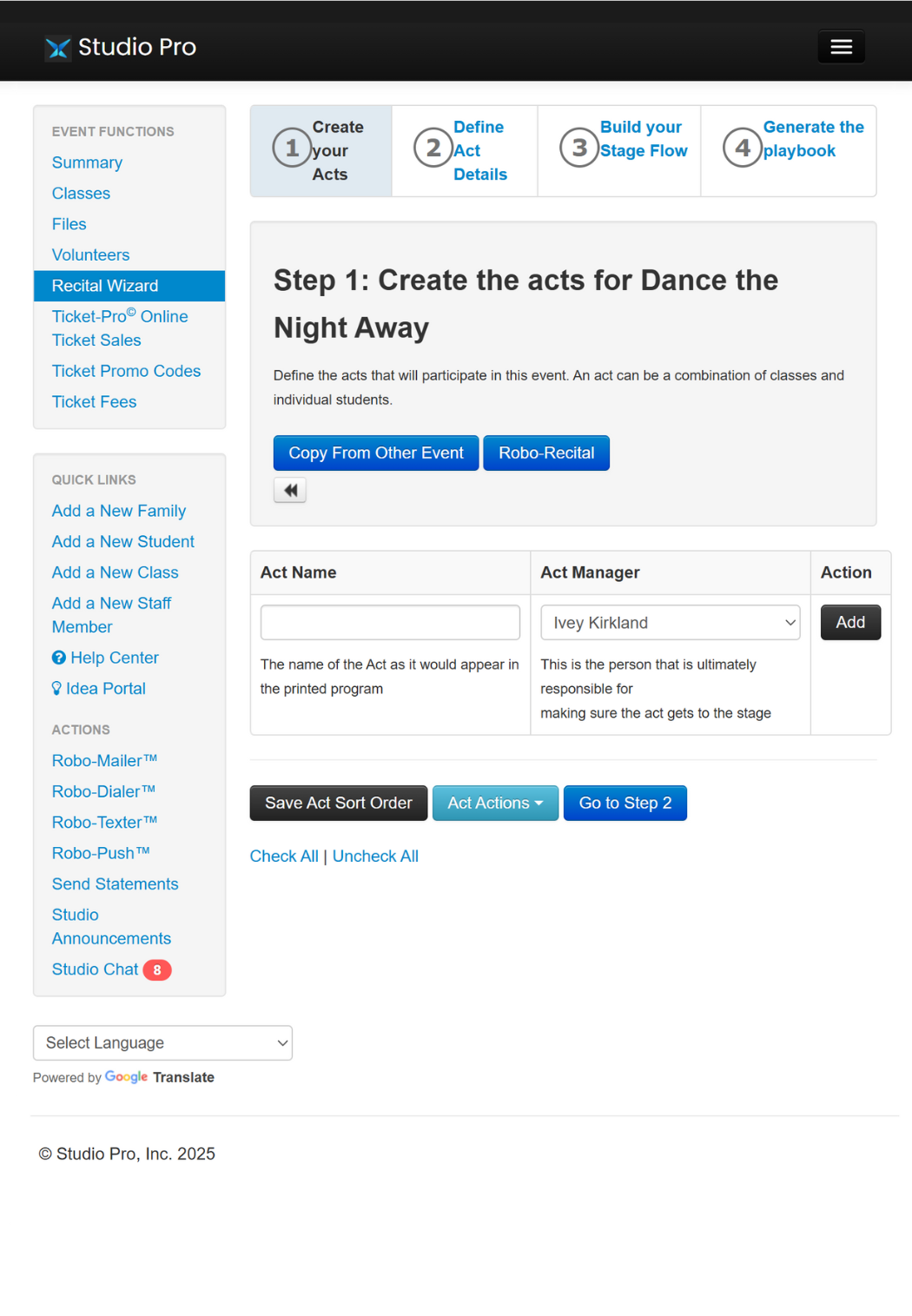 Screenshot of Studio Pro’s dance recital ticketing interface