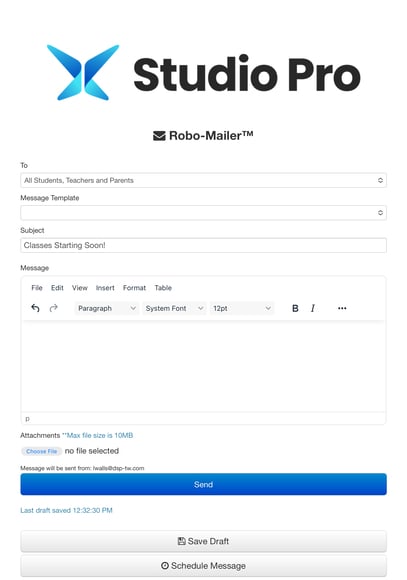 Screenshot of Studio Pro's email marketing interface
