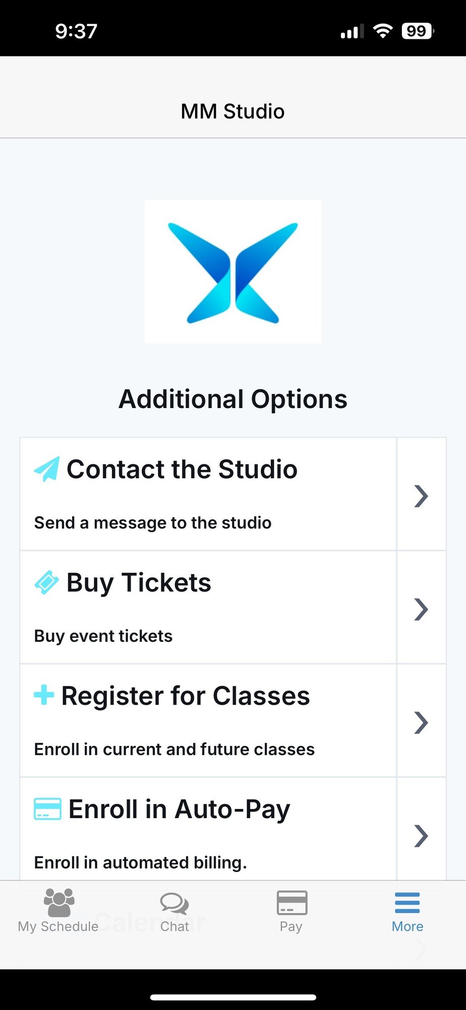 Screenshot of Studio Pro's dance studio mobile app interface