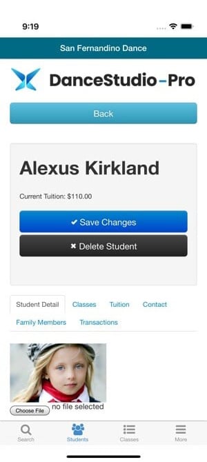 Screenshot of DanceStudio-Pro’s dance studio software interface showing a student’s tuition charge.