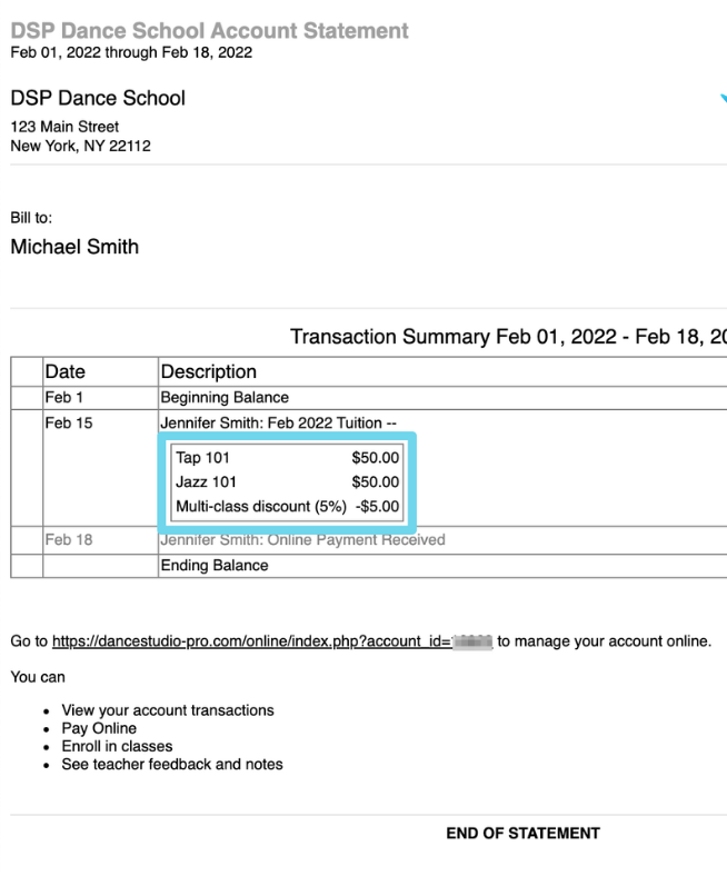 Screenshot of a tuition statement generated using DanceStudio-Pro’s dance studio management software.